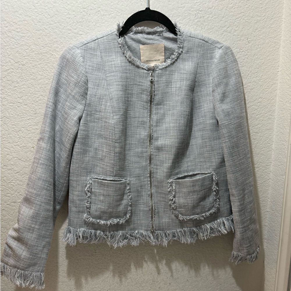 Rebecca Taylor Fringe Boucle blazer  Trim Tweed Jacket Size 4 Gray
